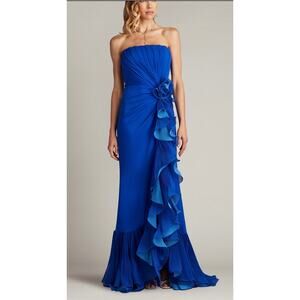 Tadashi Shoji Strapless Pleated Mystic Blue Gown - L (New)